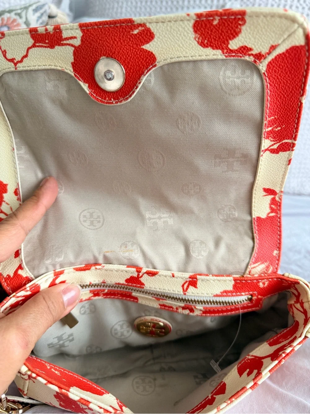 Tory Burch Cream and Orange Floral Chain Crossbody